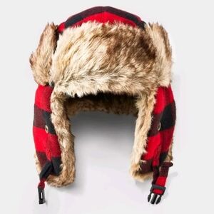 Goodfellow & Co. Men's Red Plaid Faux Fur Trapper Hat One Size NWT
